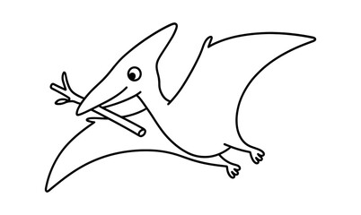 Fototapeta premium Cute outline of a pterosaur carrying a branch for kids' dinosaur coloring fun