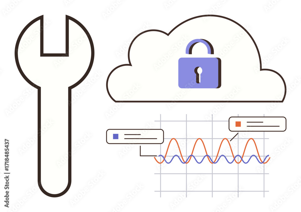 Poster wrench symbol near a cloud with a padlock and data graphs beneath on a grid chart. ideal for cloud s