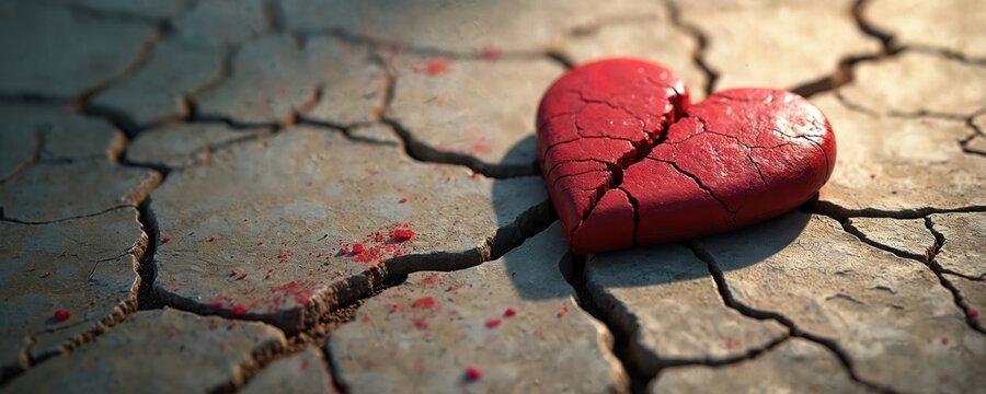 Red heart heartbreak on cracked textured surface representing love lost, emotional disappointment. Pain, sorrow, breakup, fractured, damage, grief, romance loss, betrayal, isolation, distress,