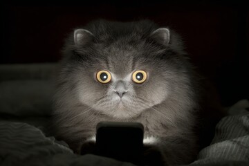 Scared kitty clutches smartphone in dark room. Adorable cat dark. The growing importance of big data in technology sectors. Data handling strategies. Advanced data techniques.