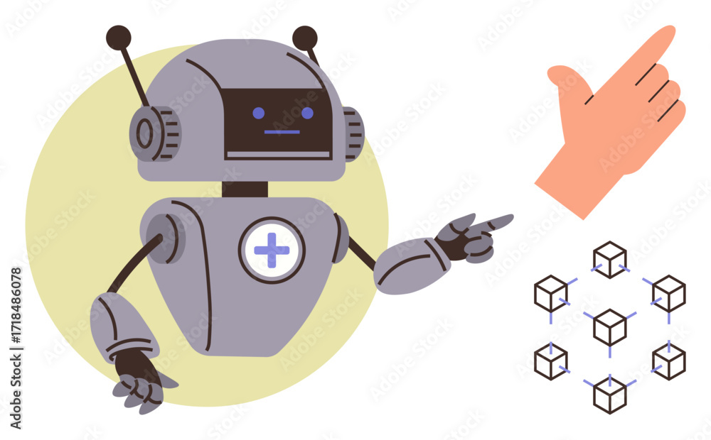Poster robot with antennas analyzing cubes while a human hand gestures collaboration. ideal for ai, robotic