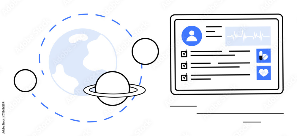 Aufkleber planet with orbit lines and celestial bodies next to a digital health interface showing user data. i