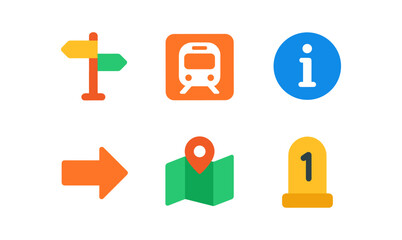 Colorful urban transit icons set for navigation and travel guide
