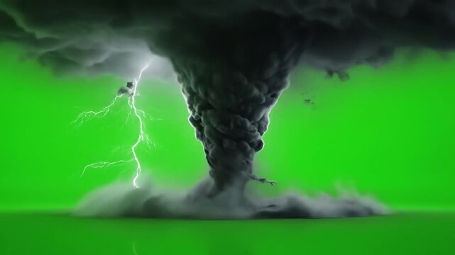 Dramatic Tornado with Lightning Strikes on Green Screen - Weather Phenomenon Visual Effects Loop, A powerful tornado tears through the scene with