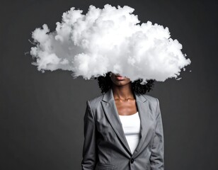 Woman in suit, large cloud over head