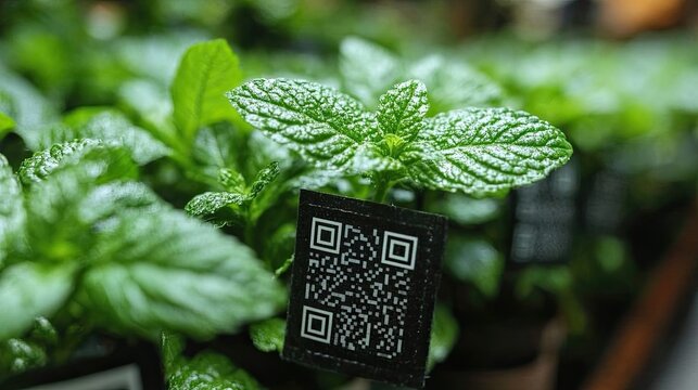 Fresh mint plants with QR code labels providing product information and traceability