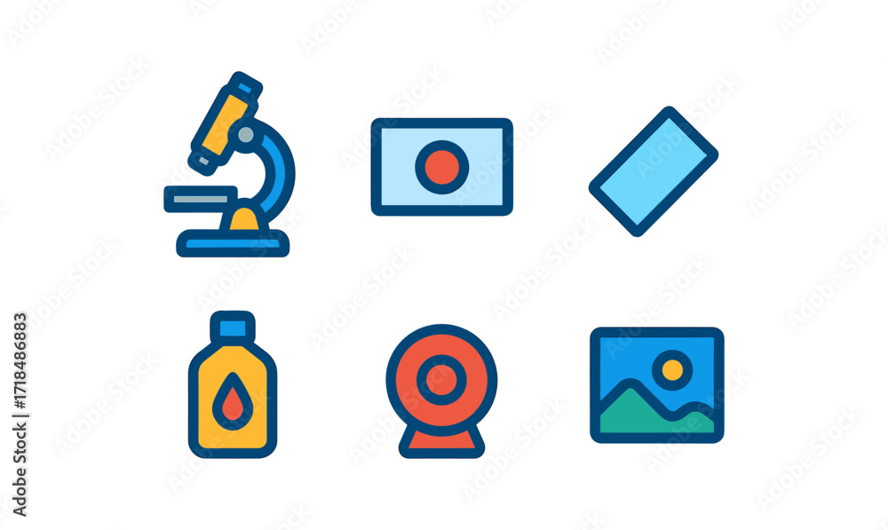 Poster scientific and digital icon set in colorful linear style for modern design