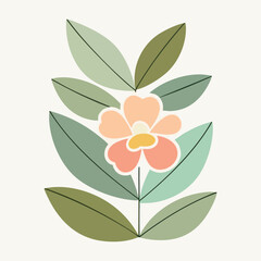 Fototapeta premium Stylized floral illustration featuring a peach-colored flower with leaves in various shades of green on a white background.