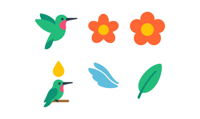 Colorful flat design hummingbirds and flowers with nature elements