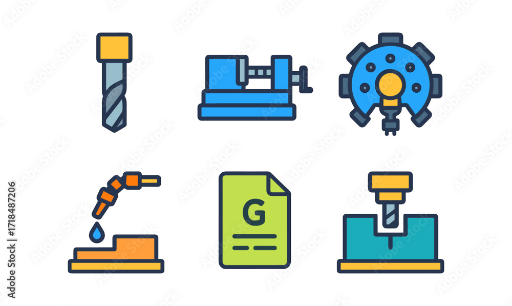 Poster flat style cnc machines and tools icons set for industrial design projects