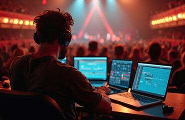 Sound engineer works in theater during live performance. Man with headphones mixes audio on laptops, controlling show sound. Vibrant stage lights illuminate audience, focusing on technician skill,