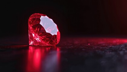 Luminous red gemstone, faceted jewel with brilliant facets, set against dark background. Shiny, sparkling crystal with glossy, reflective surface. Suggests luxury, elegance, rarity, high value.
