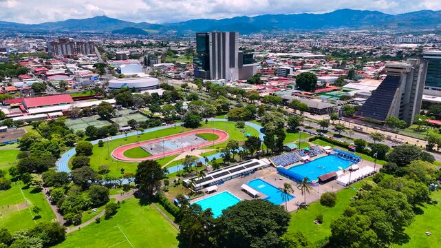 Saban Metropolitan Park in San Jose, Costa Rica. Drone aerial footage. 
