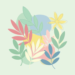 An arrangement of pastel-colored leaves and a flower, layered over soft, circular backgrounds, creating a gentle, abstract botanical illustration.