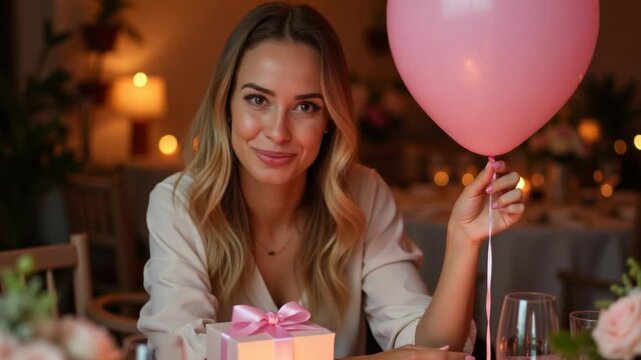 Female celebrating birthday, Anniversary Valentine Day gripping pink balloon and gift, seated at festive table with floral decor, candles, glowing string lights