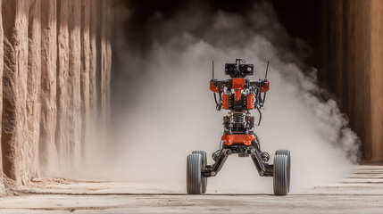Red robotic rover driving through a dusty tunnel with sand walls