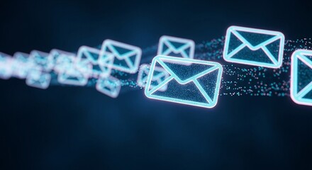 Glowing digital email envelopes representing fast communication in a virtual network.