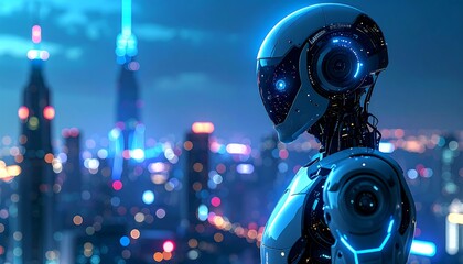 Futuristic robot in a vibrant city night
