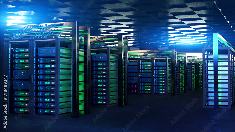 Poster server hardware. big data processing center. servers for artificial intelligence. infrastructure for
