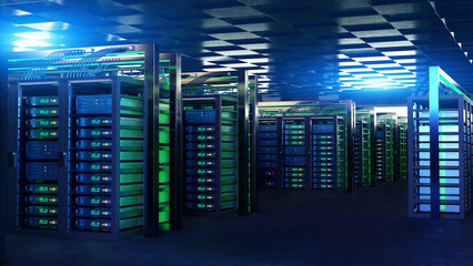 Server hardware. Big data processing center. Servers for artificial intelligence. Infrastructure for AI technologies. Server room with neon glow. Data center. Posting, telecommunications. 3d image