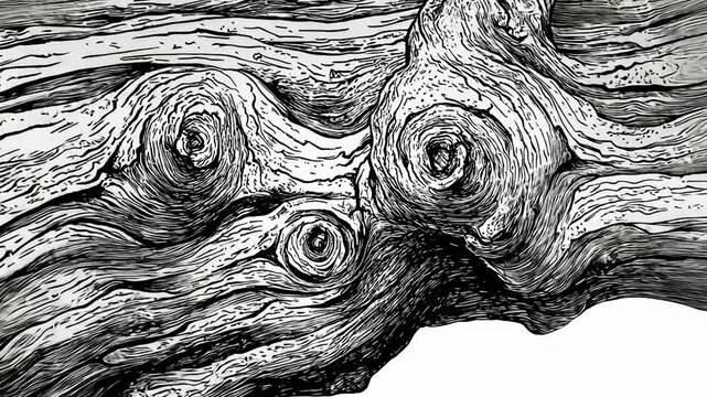 Detailed ink drawing of a tree trunk's gnarled texture