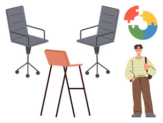 Office chairs and a high stool arranged near a colorful puzzle chart, paired with a casually dressed individual. Ideal for collaboration, teamwork, brainstorming, communication, education, inclusion