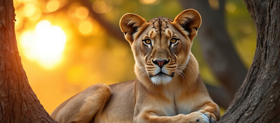 Lioness rests on tree branch. Sunlight filters through leaves, illuminating golden fur. Intense gaze fixed forward, showcasing natural beauty. Wild animal portrait with bokeh background.