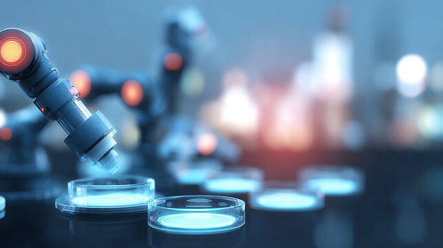 Microscope examining petri dishes in a laboratory setting with glowing samples