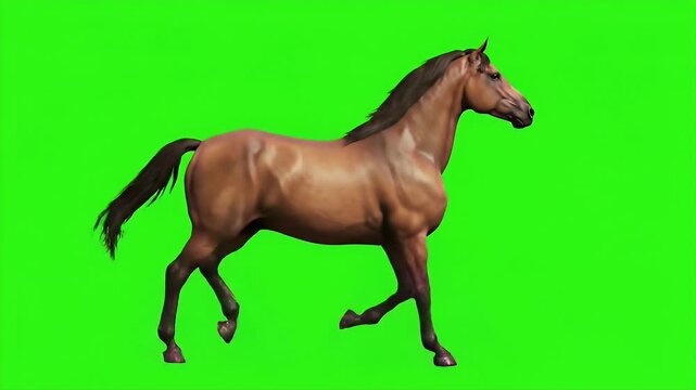 Animated horse running on a green screen background for digital compositing, visual effects and motion graphics projects to add natural movement