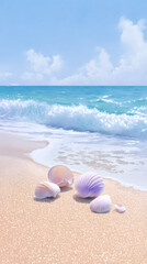 Obraz premium serene_beach_scene_shimmering_seashells_on_golden, generation AI 