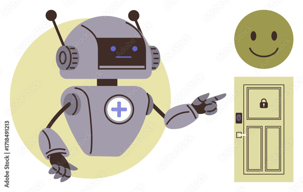 Aufkleber robot pointing at a locked door with a smiling face nearby, highlighting technology, security, and t