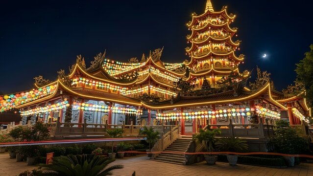 Iconic Kek Lok Si Temple in Penang glowing with vibrant lanterns and golden lights at night, clear sky with twinkling stars, detailed architecture photography