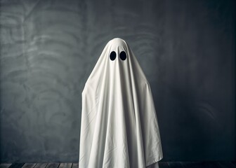 Classic Ghost Costume Photo – Minimal Halloween Scene with Dark Background and White Sheet template