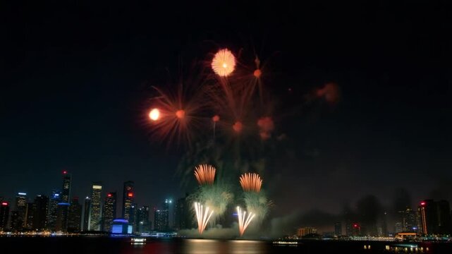 Spectacular abstract fireworks illuminate the night sky at the New Year 2025 celebration and Chinese New Year festival