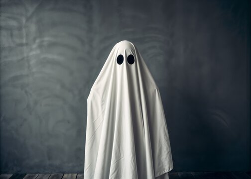 Classic Ghost Costume Photo – Minimal Halloween Scene with Dark Background and White Sheet template
