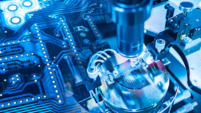 Microchip production process with modern equipment in a semiconductor factory. Concept of microelectronics, digital technology, and electronic component manufacturing.