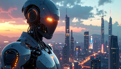 Futuristic robot overlooking a vibrant city skyline at sunset