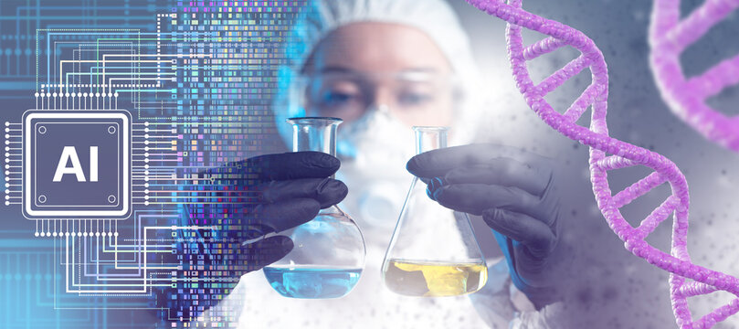 Scientist using AI technology in genetic research with DNA structure and chemical flasks, biotechnology and medical innovation. Science, Biotechnology, AI.