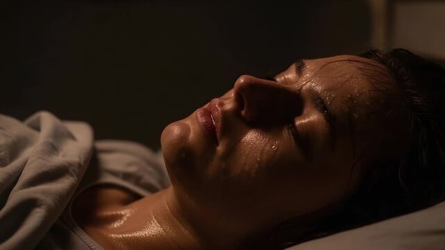 Sweaty young woman sleeping, lying in bed, showing stress and exhaustion, intense close up shot, nightmares, illness, fever, discomfort, suffering, unwell, night sweats