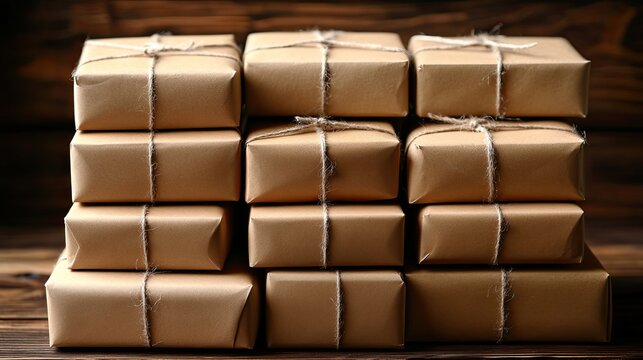 Stack of brown paper packages tied with string on a wooden surface creates rustic and thoughtful