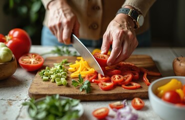 Senior woman with watch chops fresh vegetables on wooden board. Preparing salad with tomatoes, bell peppers, cucumbers. Healthy meal prep, home cooking, mature chef at kitchen counter, natural