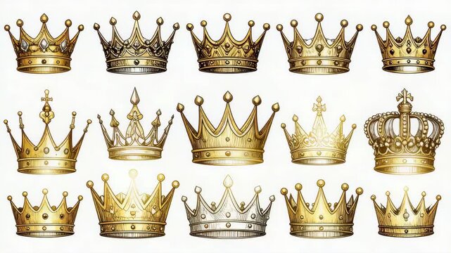 Collection of ornate golden crowns with detailed line work on a white background in an illustrative rendering style