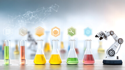 Laboratory setup with test tubes, flasks containing colored liquids, a microscope, and scientific icons in the background