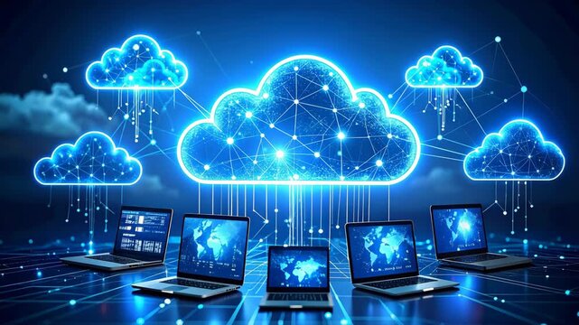 Digital cloud network connected to laptop computers displaying global information data flow for online information access