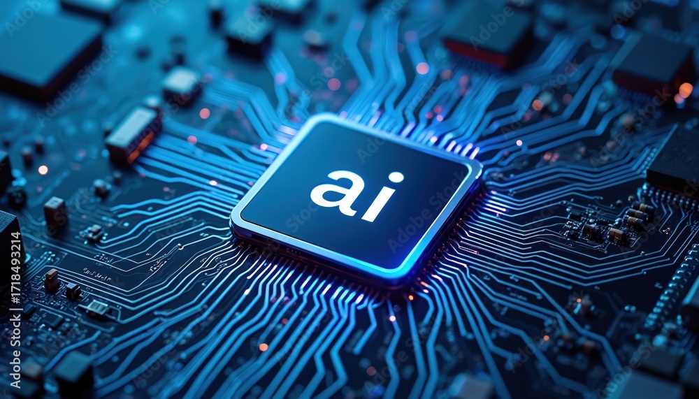 Aufkleber close-up on glowing ai processor chip centered on a complex electronic circuit board. blue illuminat