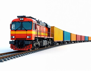 Obraz premium Colorful freight train with shipping containers moves along railway tracks. This vibrant train symbolizes global commerce and logistical efficiency in transportation and delivery.