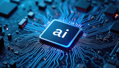 Close-up on glowing AI processor chip centered on a complex electronic circuit board. Blue illuminated circuitry with visible components, signifying advanced technology and data processing.
