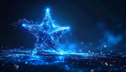 Glowing, polygonal star on dark, sparkling surface