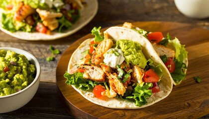 Grilled chicken tacos with guacamole, lettuce, tomato