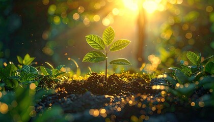 Sapling in Sunlight Illuminating a Forest Floor Displaying Green Leaves and Blurred Bokeh Under Ultra Sharp Wave Detail in Cinematic Hdr Seascape Environment